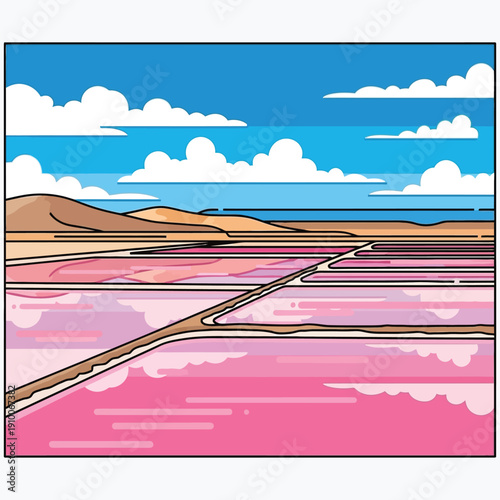 Salt pans evaporation ponds landscape with pink water and blue sky