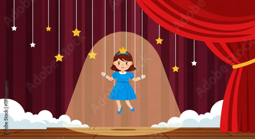 World Puppetry Day Puppet show on stage with a princess puppet in blue dress under spotlight, surrounded by curtains and stars