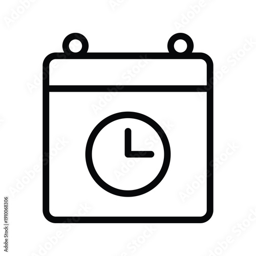 A simple black and white line art icon of a calendar page with a clock face superimposed, representing time, scheduling, and deadlines. Event and Calendar single line icon UI design.