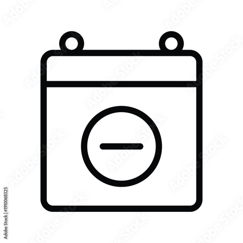 A simple black and white line art icon representing a calendar page with a minus sign inside a circle, symbolizing the deletion or removal of an event or date. Event and Calendar single line icon UI d