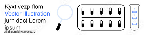 Healthcare, drug discovery, medical research, genetics, laboratory analysis, pharmaceutical studies. Image of pills, magnifying glass and DNA helix. Healthcare and drug discovery concept