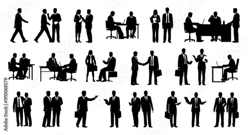 Silhouettes of business people in various professional interactions and poses.
