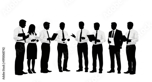 Silhouettes of business people in discussion on white background.