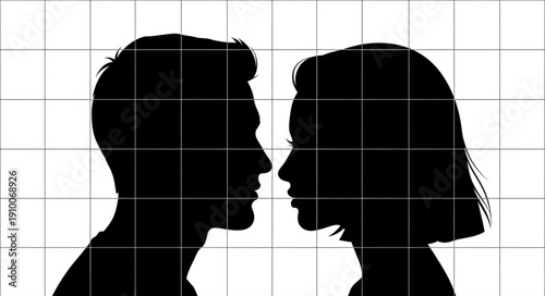 Silhouette of a couple facing each other in profile view.