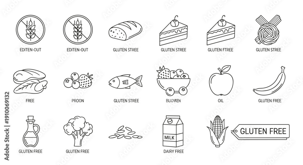 Fototapeta premium Modern vector line icons illustrating gluten-free and dairy-free food choices, healthy eating symbols, and crucial dietary restriction warnings for informed consumer wellness