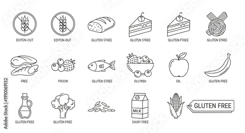 Modern vector line icons illustrating gluten-free and dairy-free food choices, healthy eating symbols, and crucial dietary restriction warnings for informed consumer wellness