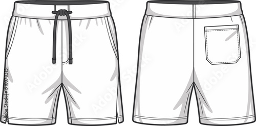 Technical flat sketch of casual drawstring shorts with back pocket, front and back views, apparel template for fashion design illustration