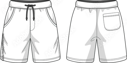 Technical flat sketch of casual drawstring shorts with pocket, front and back views, apparel template for fashion design illustration
