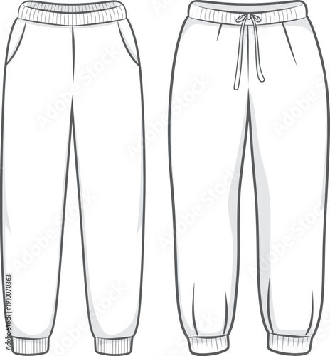 Technical flat sketch of casual jogger pants with elastic waistband, front and back views, apparel template for fashion design illustration