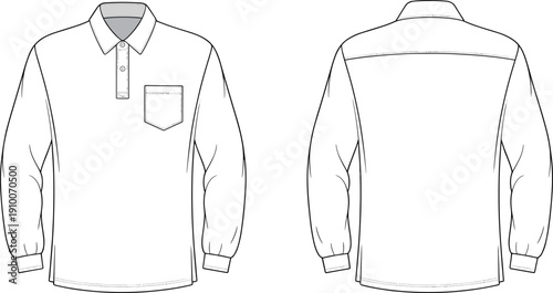 Technical flat sketch of long sleeve polo shirt with pocket, front and back views, apparel template for fashion design, clothing mockup outline illustration