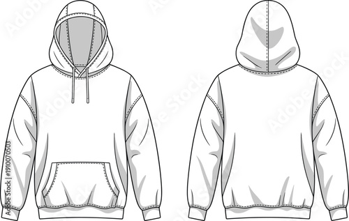 Technical flat sketch of pullover hoodie with drawstring hood and kangaroo pocket, front and back views, apparel template for fashion design