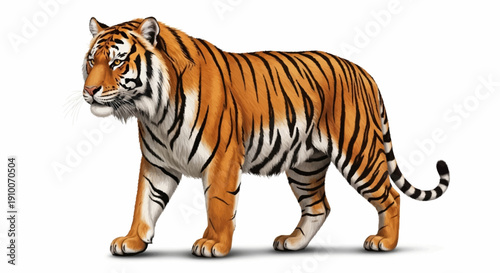 Majestic Bengal Tiger Walking Isolated on White Background.