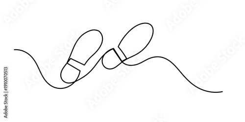 Continuous single line drawing of human footprint. Human footprint one line icon, Continuous one line drawing of footsteps, Barefoot human footprint drawn in minimalist style. shoe prints