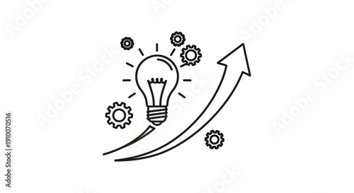 Light bulb idea with gears and upward arrow graphic.
