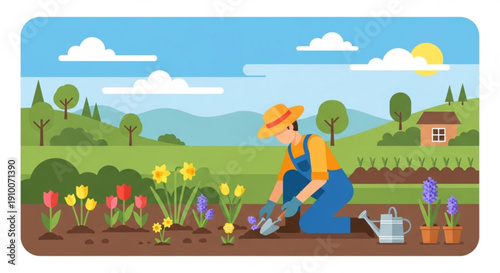 Gardener planting flowers in a spring landscape flat vector illustration for agriculture and nature concepts with rolling hills and a sunny sky