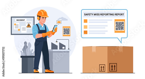 Construction worker uses mobile phone for safety report checklist.