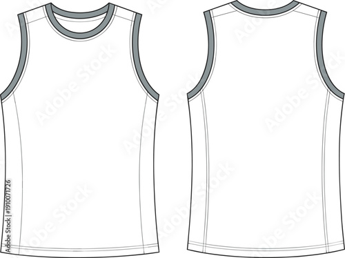 Technical flat sketch of sleeveless athletic tank top with contrast trim, front and back views, apparel template for sportswear fashion design