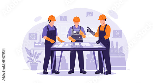 Construction workers collaborating on blueprints at a table.