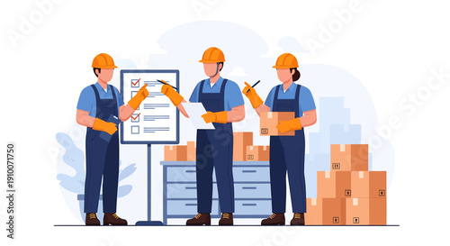 Construction workers checking checklist on clipboard near boxes.