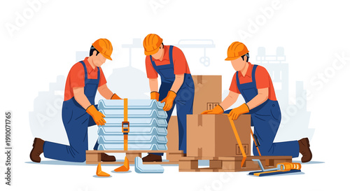 Construction workers loading materials onto pallets for transport.