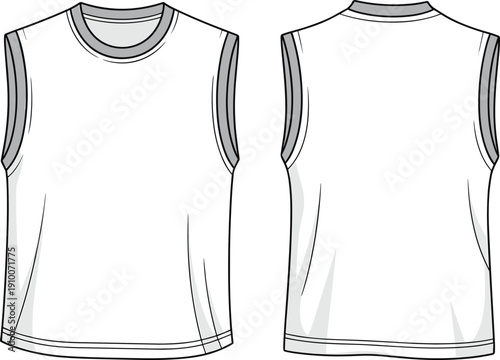 Technical flat sketch of sleeveless athletic tank top, front and back views, apparel template for sportswear fashion design illustration
