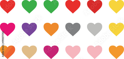 Colorful heart icon set with romantic love symbols in flat design for Valentine celebration projects