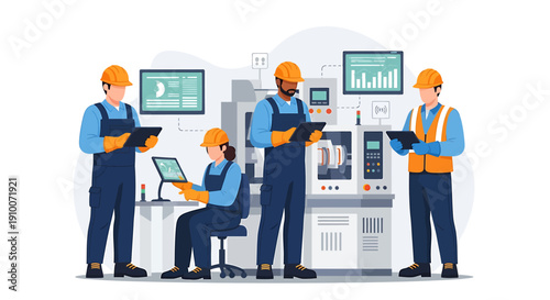 Factory workers collaborating on industrial machinery with tablets.