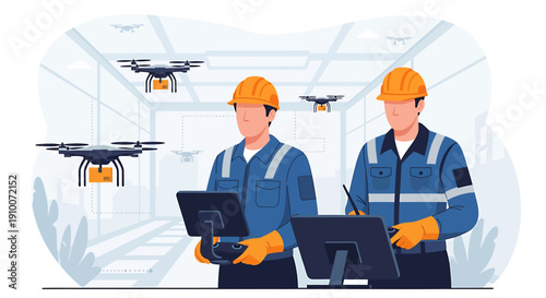 Two men in hard hats operate drones with laptops in a warehouse.