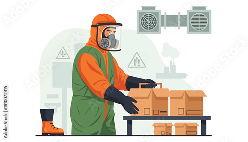 Worker in protective suit handling boxes in industrial setting.