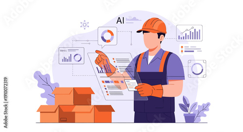 Worker Interacting With Futuristic Technology And Data Displays.