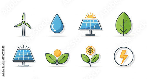 Collection of renewable energy and nature icons.