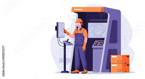 Worker operating industrial machinery at automated factory station.