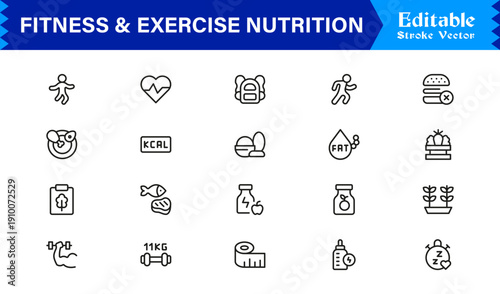 Fitness And Exercise Nutrition Professional Line Icon Set – Modern Minimal Outline Icons Featuring Gym, Diet, Weights, Training, Health, Wellness, and Lifestyle