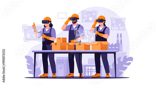 Workers wearing VR headsets in a factory setting.