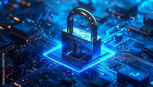 metal padlock securing a digital circuit board, 