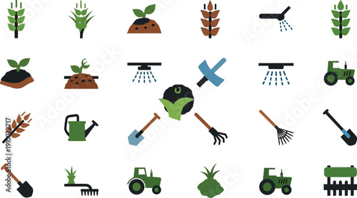 Collection of gardening tools and plants icons