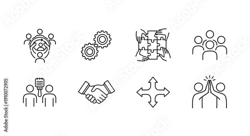 Set of business and teamwork icons in simple line art style.