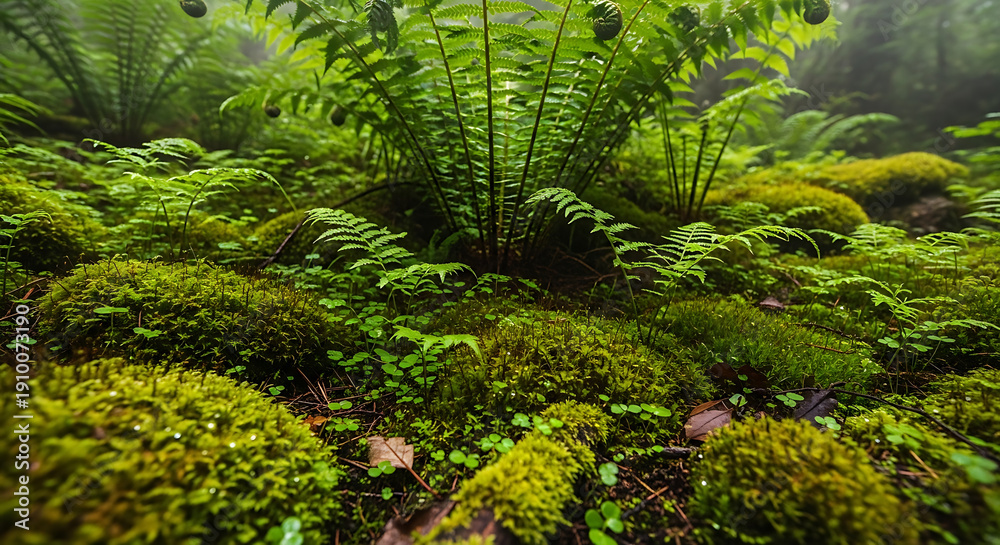 Fototapeta premium Lush Ferns and Moss on Forest Floor