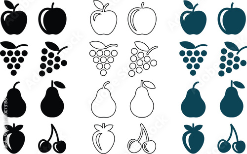 Fruit set with apples grapes pears and cherries in various styles , organic, natural, vegetarian, vegan