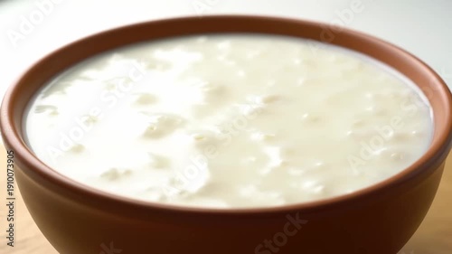 Close-up shot of fresh homemade curd (dahi or yogurt) served in a brown clay bowl, highlighting the creamy white texture and traditional preparation.
