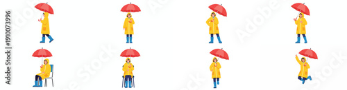 Person with umbrella in raincoat walking and sitting