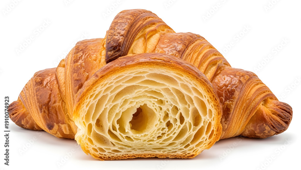 Fototapeta premium Delicious Homemade Croissants Flaky Pastry Cut in Half Showing Layers