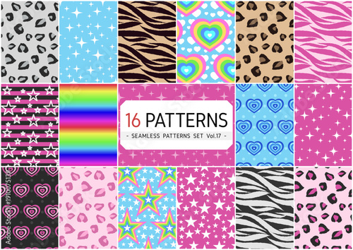【シームレスパターン16種類セット】 2000年代レトロ（Y2K）のレオパードやゼブラ ハート 星のポップな総柄ベクター背景素材（背景色は一部変更可）