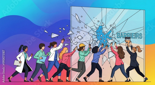 Diverse group of women breaking through glass barrier concept of overcoming obstacles and teamwork illustration for business and empowerment