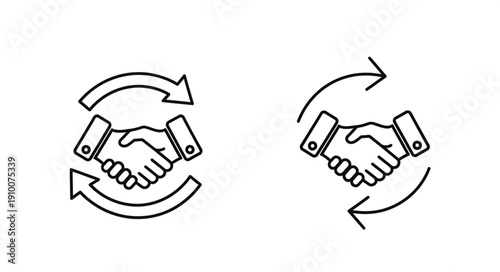 Two handshake icons with circular arrows indicating agreement and partnership.