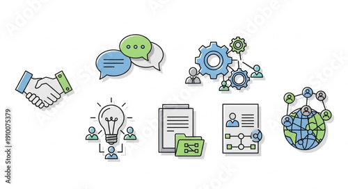 Business concept icons representing teamwork and global connection.