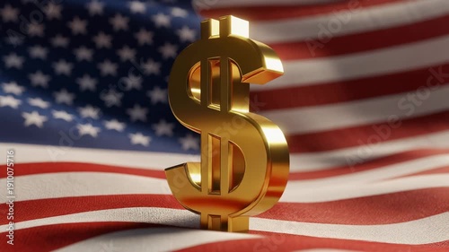 Golden dollar symbol standing on waving American flag representing US economy and financial strength