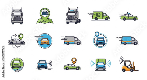 Collection of modern vehicle icons representing transportation and technology.