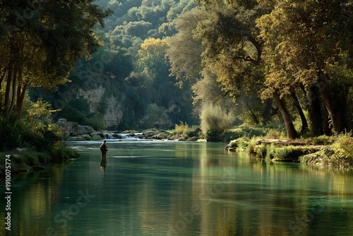 Serene river landscape with solitary fisherman, lush trees, sunlight filtering