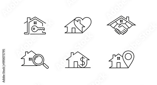 Collection of real estate icons representing buying selling and location.